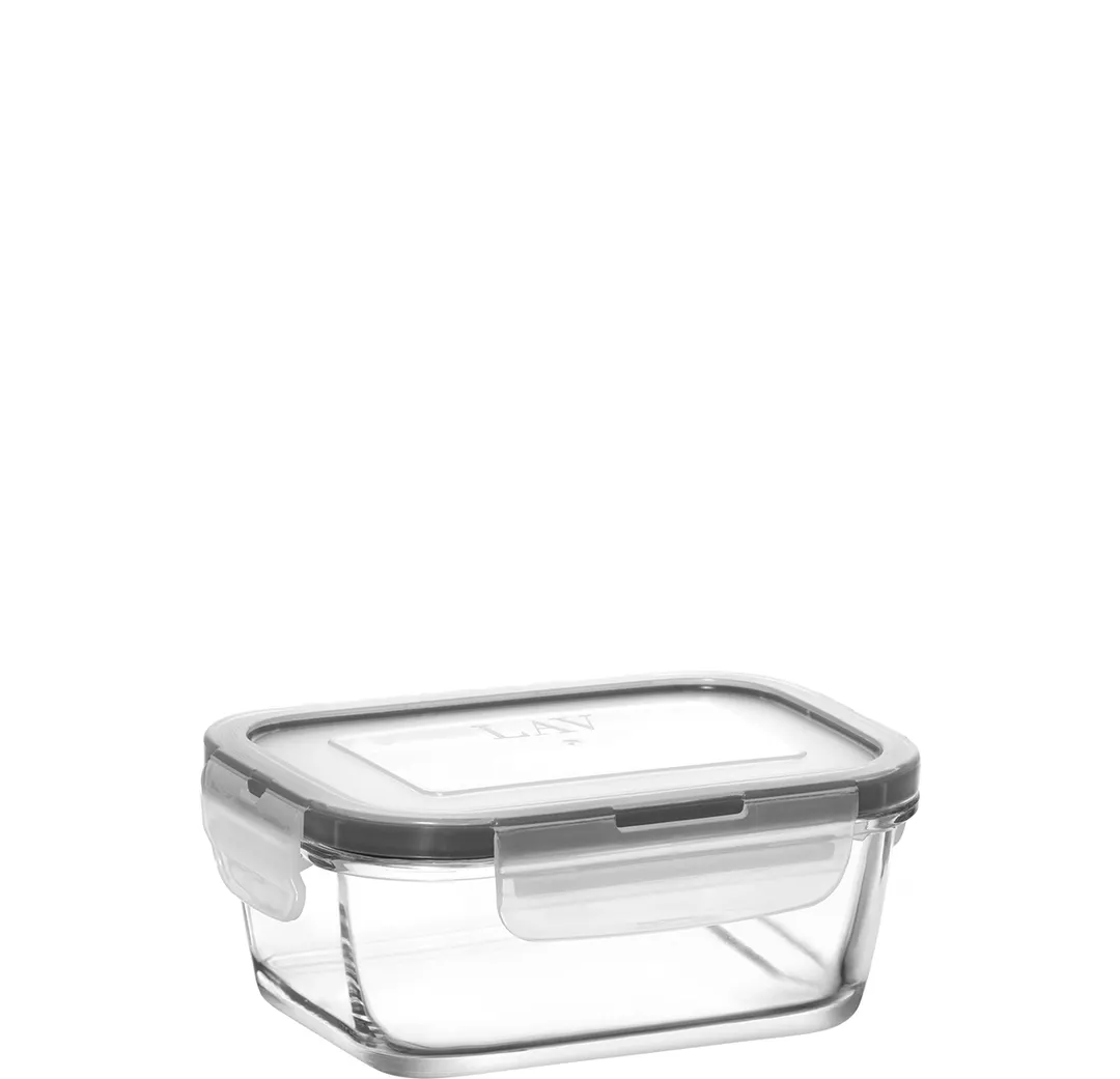 LAV HORECA KYO215 TFPK222 - Glass Container with Gray Lid, 12.5 oz (5¼"×3⅞"×2"), 6/Case