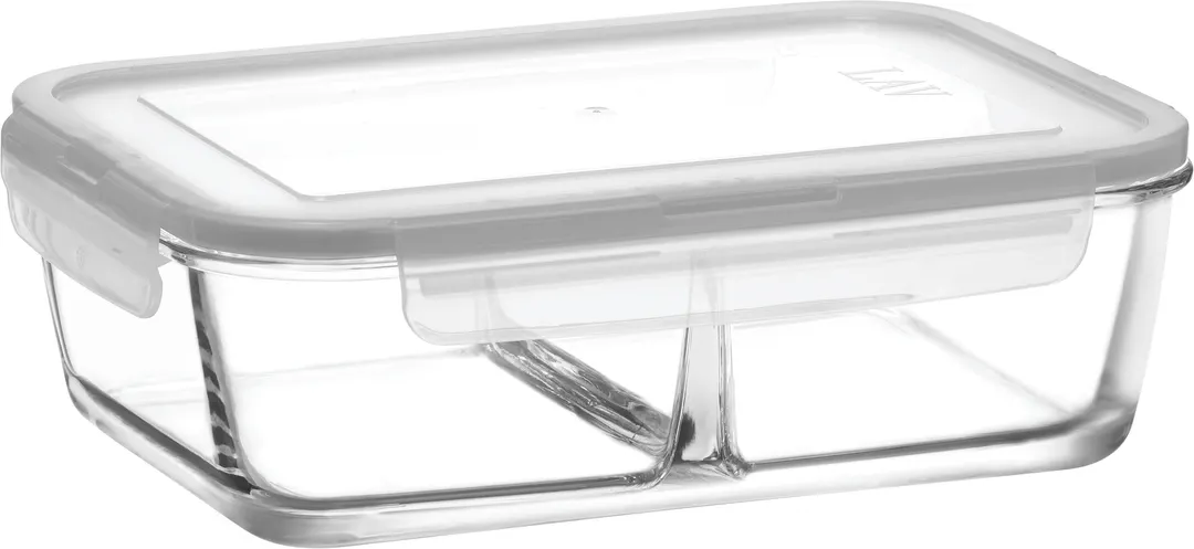 Lav Horeca KYO224 PK0002 - 2-Compartment Clear Glass Food Container with Locked White Lid - 2/Case