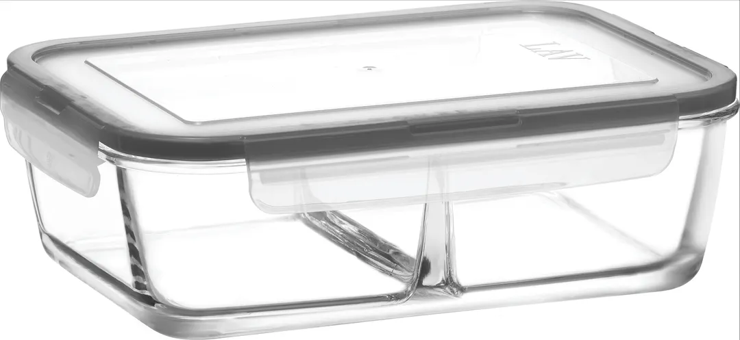 LAV HORECA KYO224 PK222 - 2‑Compartment Glass Food Container, 55 3/4 oz (1‑2 qt), Gray Lid, - 2/Case
