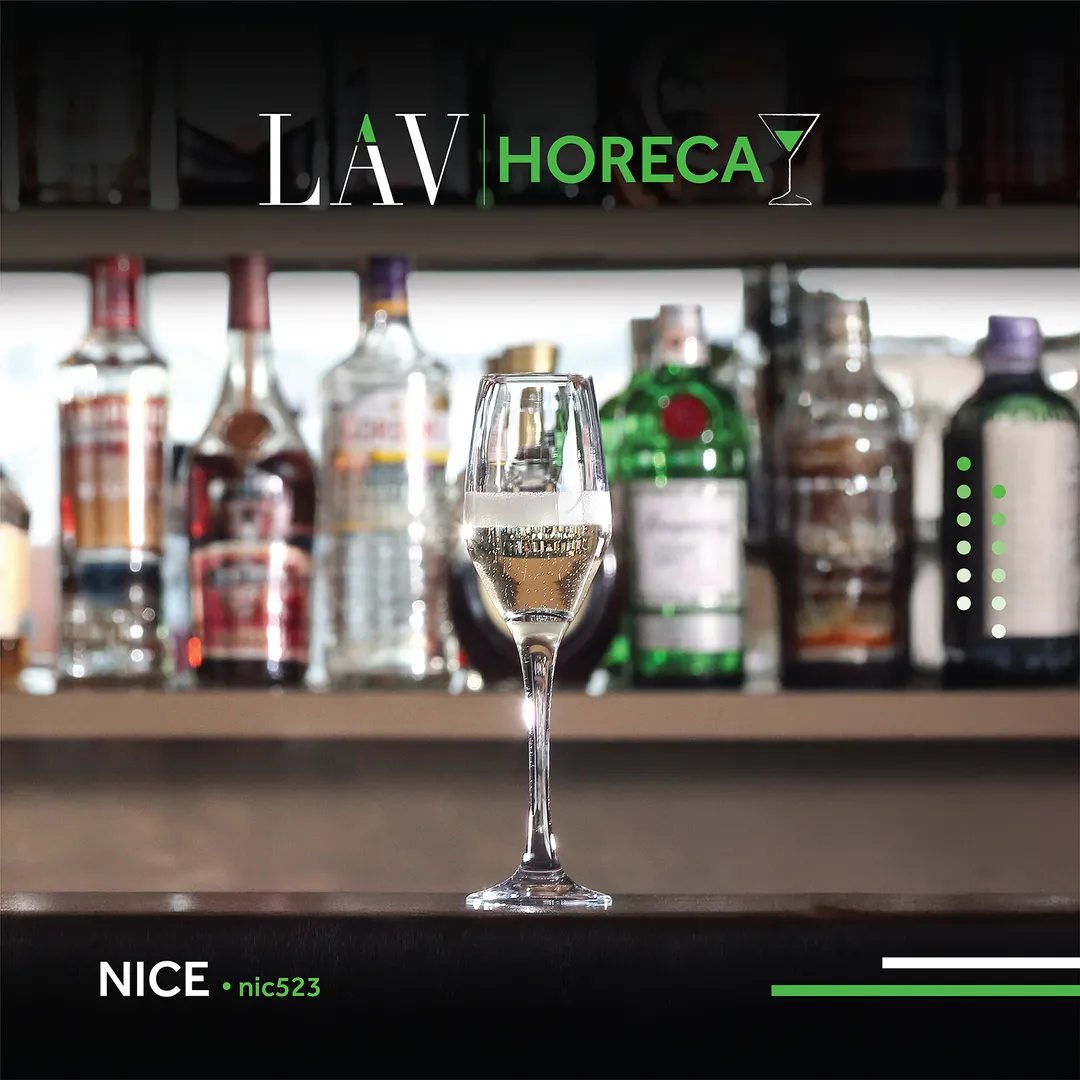 LAV HORECA NIC523 Champagne Flute Glass, 7.75 oz, 9" Height, 2.5" Base, Soda Lime Rim, Stem - 6/Case