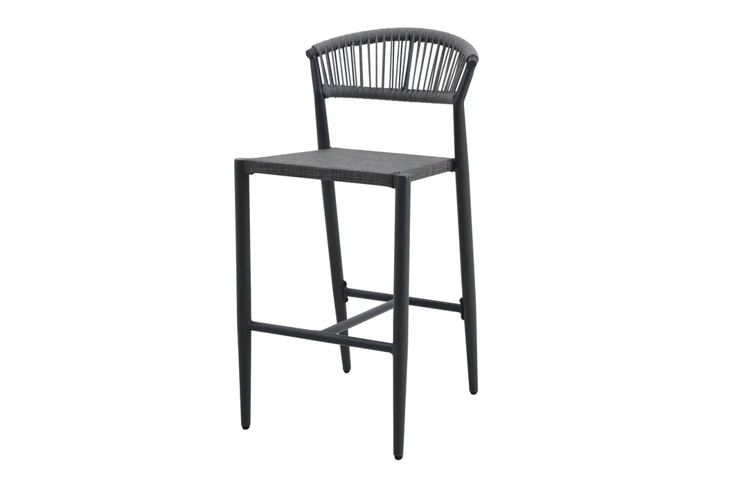 Plantation Prestige 8230300-0255 - Outdoor Bar Stool, Gunmetal Finish, Grey Sling Seat, Rope Back, 30in Height