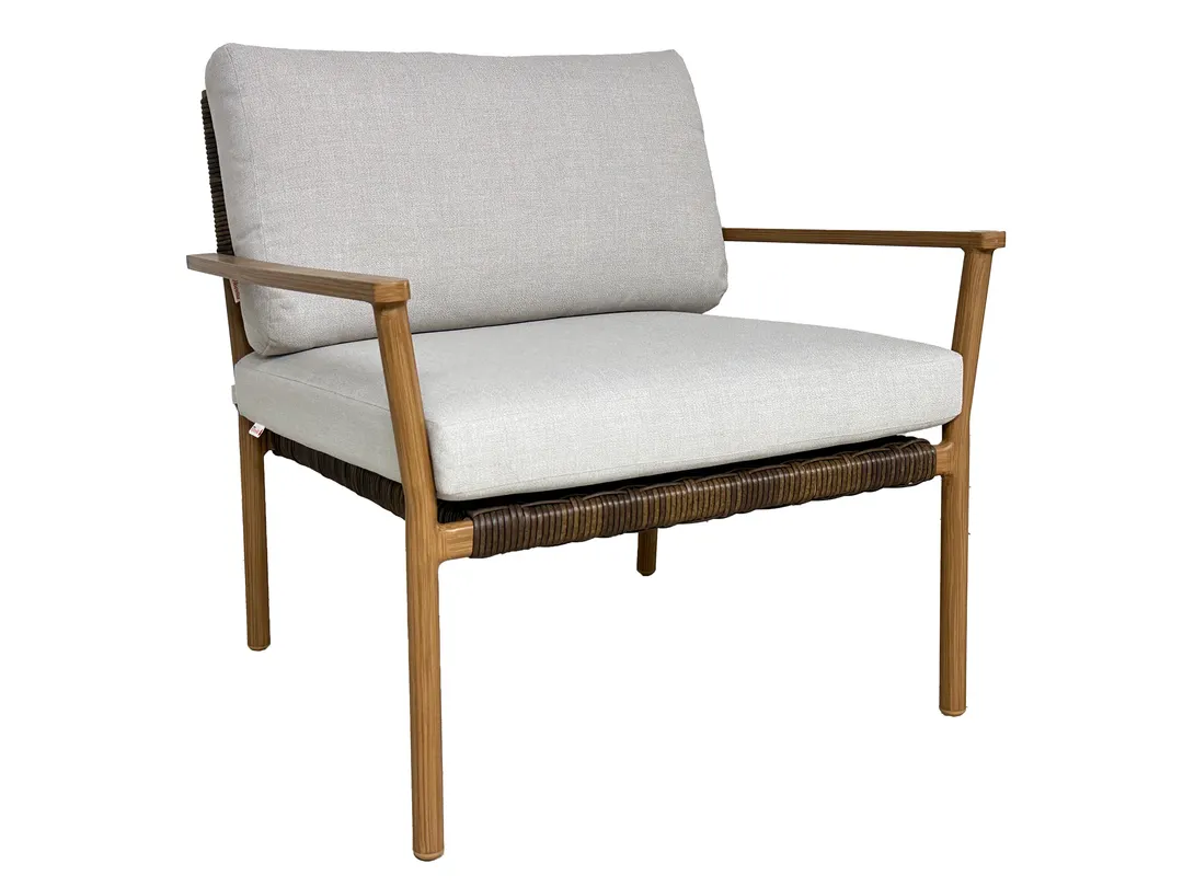 Plantation Prestige 8260600-0248145 Bali Lounge Chair, 31.5"W x 32"D x 31"H, Sunbrella Remix Silk 48145 Upholstery, Aluminum Frame, Golden Oak Finish, Arm Chair