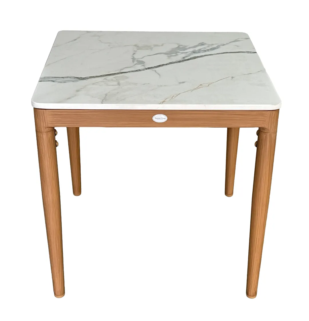 Plantation Prestige 8262020-0160 - Bali End Table, 20"W x 20"D x 20"H, White Sintered Stone Marble Top, Aluminum Frame, Golden Oak Finish