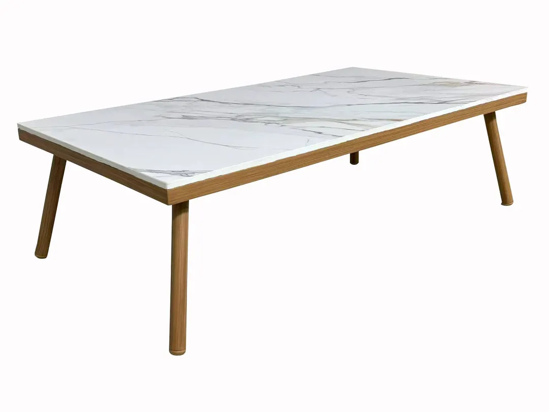 Plantation Prestige 8262647-0160 Bali Coffee Table, 47"W x 26"D x 14"H, White Sintered Stone Marble Top, Aluminum Frame, Golden Oak Finish