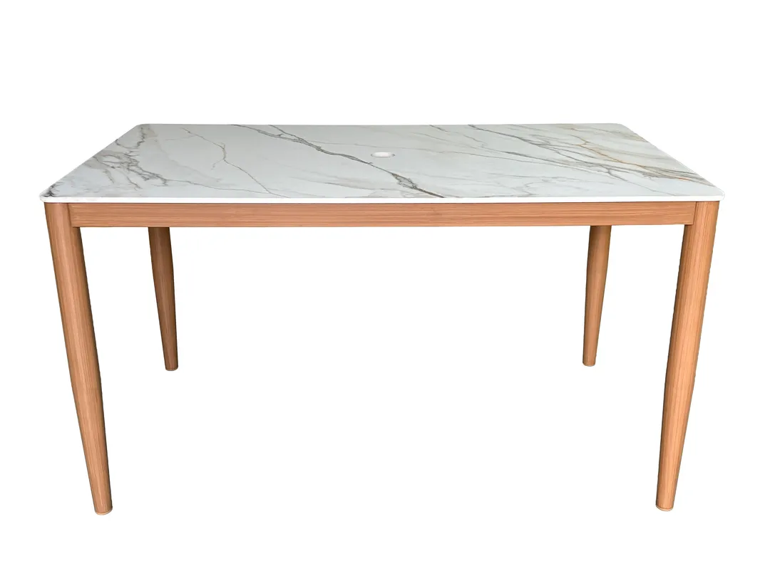 Plantation Prestige 8263053-0160 Bali Dining Table, 53"W x 53"D x 30"H White Marble Top, Umbrella Hole, Oak Finish