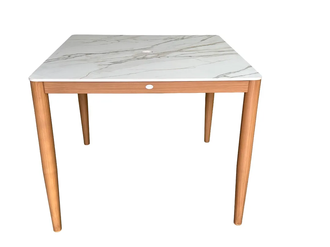 Plantation Prestige 8263636-0160 - Outdoor Table, 36" x 36" x 30", Marble Top Umbrella Hole, Frame, Oak Finish