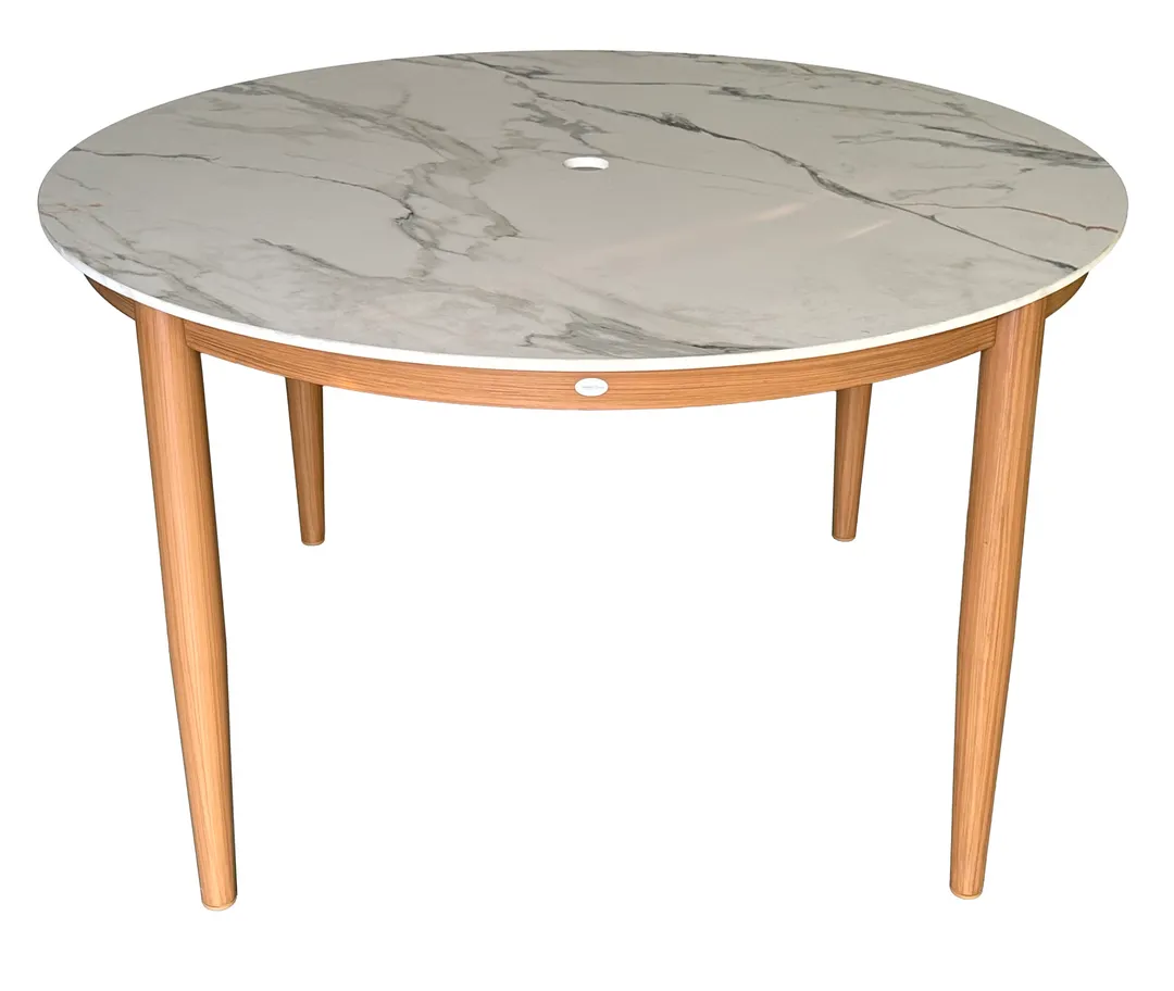 Plantation Prestige 8265000-0160 Bali Table, 50" Dia x 30" H White Marble Top with Umbrella Hole, Frame, Finish