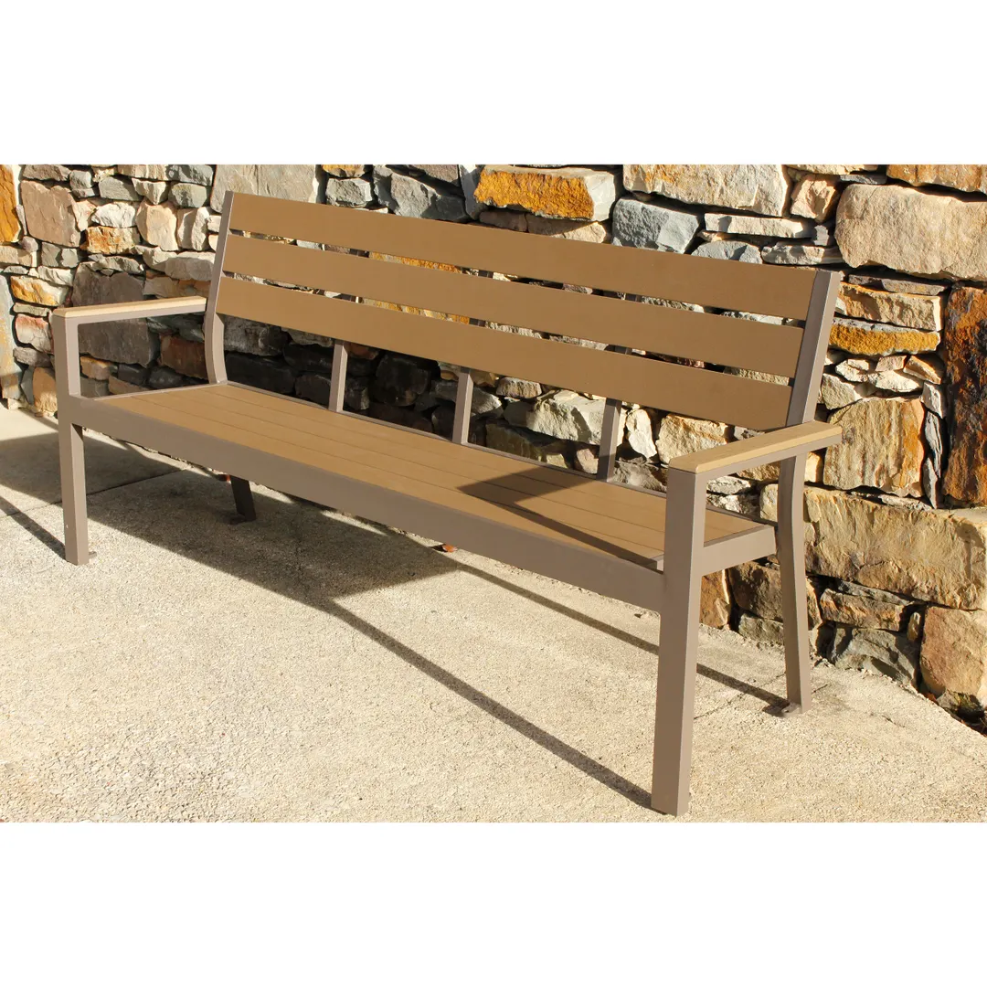 Plantation Prestige 8772100-02 Durango Outdoor Bench, 77.5" W x 23" D x 35" H, Gray Faux Wood Seat & Back, Gunmetal Frame, Arms, Indoor/Outdoor