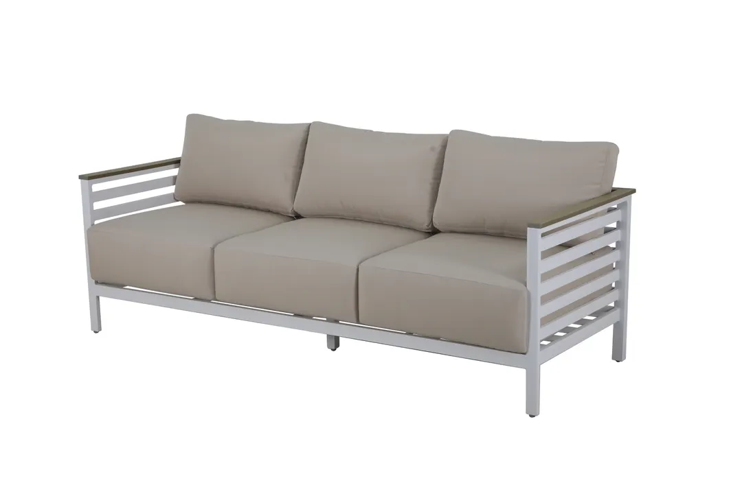 Plantation Prestige 8840222-015422 Outdoor Sofa, White Frame, Slat Arms, Beige 5422 Cushions, 78"L x 36"W x 30"H