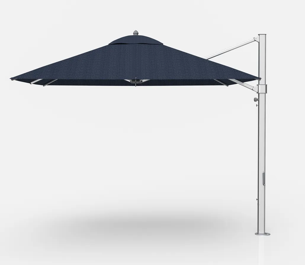 Plantation Prestige 9010-01 GRC Cantilever Umbrella, 10' x 10' Square Top, Aluminum Ribs, Matte Silver 2.75" x 4" Mast, 360° Rotation, Crank Lift, Tilt, Stainless Steel Hardware, Grade C Fabric