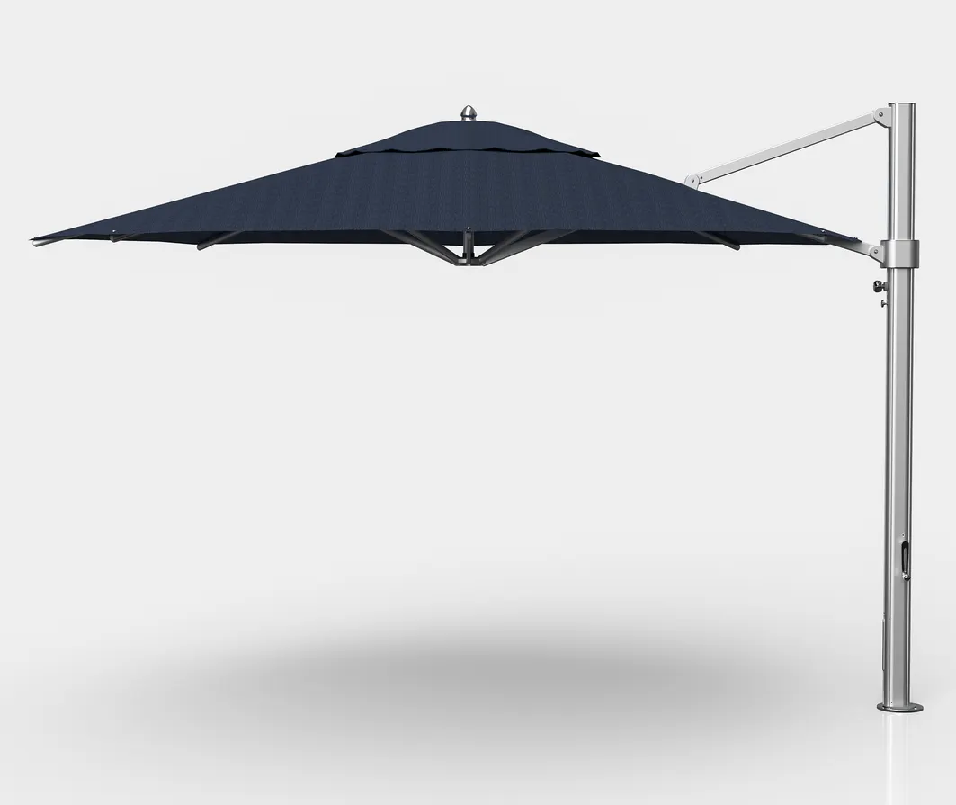 Plantation Prestige Commercial Furniture 9021-01 GRC Edison Premium Cantilever Umbrella, 13 ft Octagon top, aluminum ribs, matte silver 3.3"x5" mast, 360° rotation, stainless steel crank lift, infinity tilt, grade B fabric