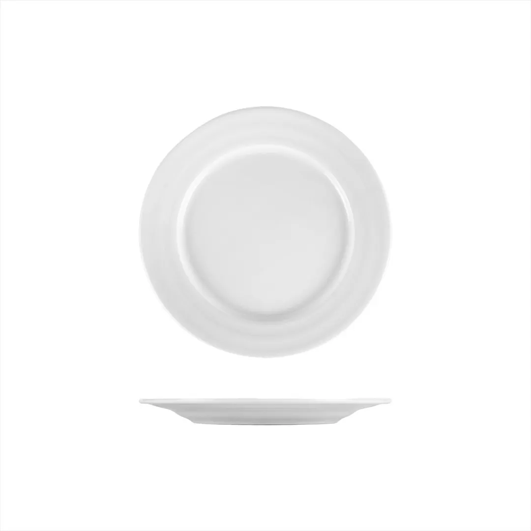 Turgla LIZ22DU00 - 8.625" Round White Porcelain Plate, Wide Rolled Edge, Wide Rim, 8.5" Diameter