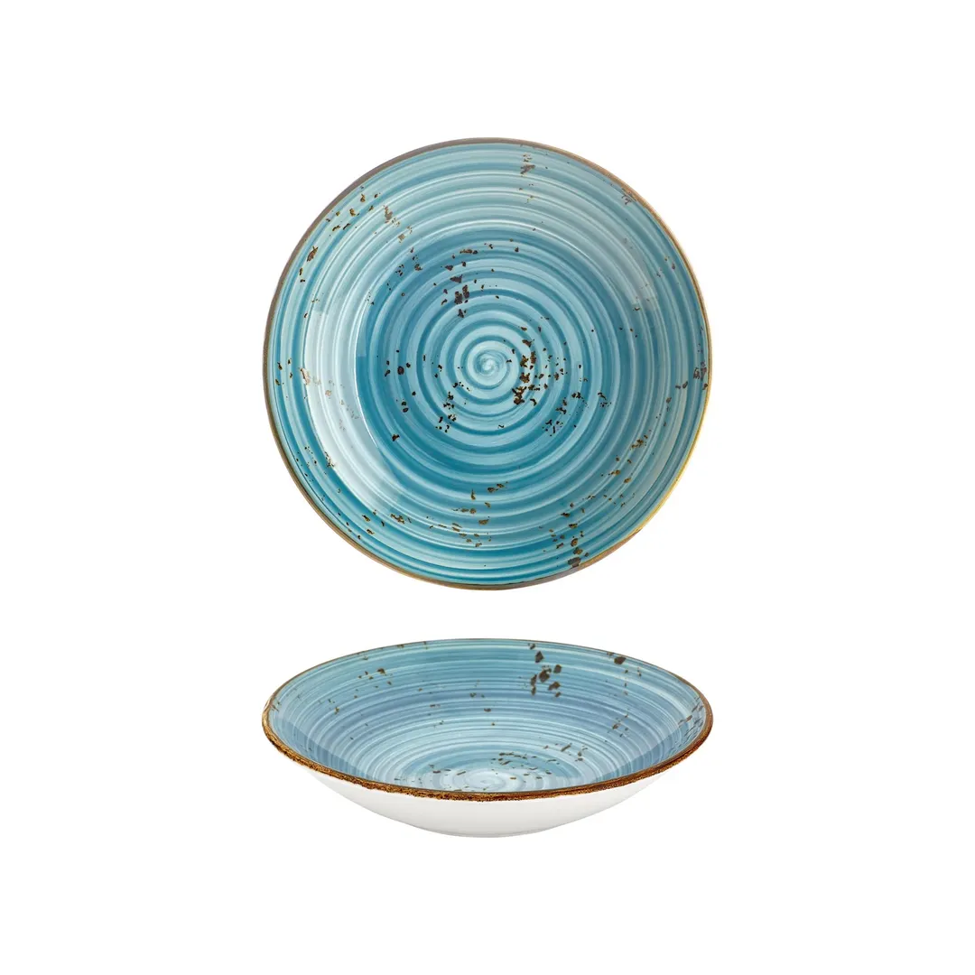 Turgla T-HAINFL25CK-6 Deep Round Plate, 9.75" Diameter, Turquoise Porcelain, 44 oz, Deep Rim Finish