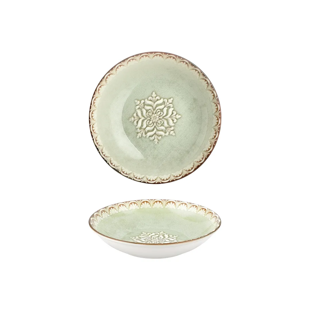 Turgla T-RMFL23CK-6 Rome Deep Plate, 9" Round Green Porcelain Dinner Plate, 34 oz Capacity, Deep Rim