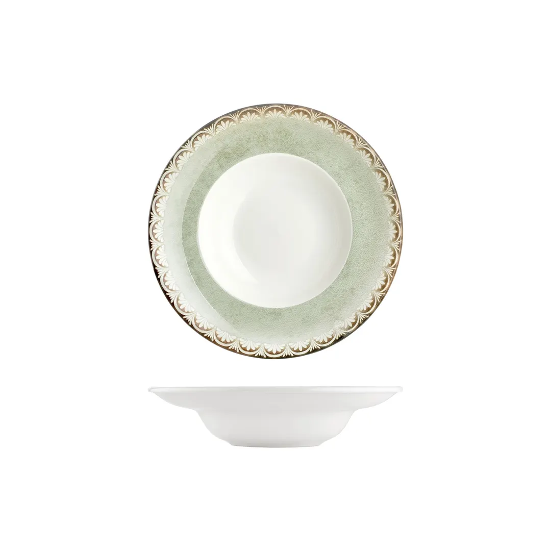 Turgla T-RMZT25CK-6 Rome Deep Plate, 9.75" Round Green Porcelain Plate with Deep Rim, 14 oz Capacity