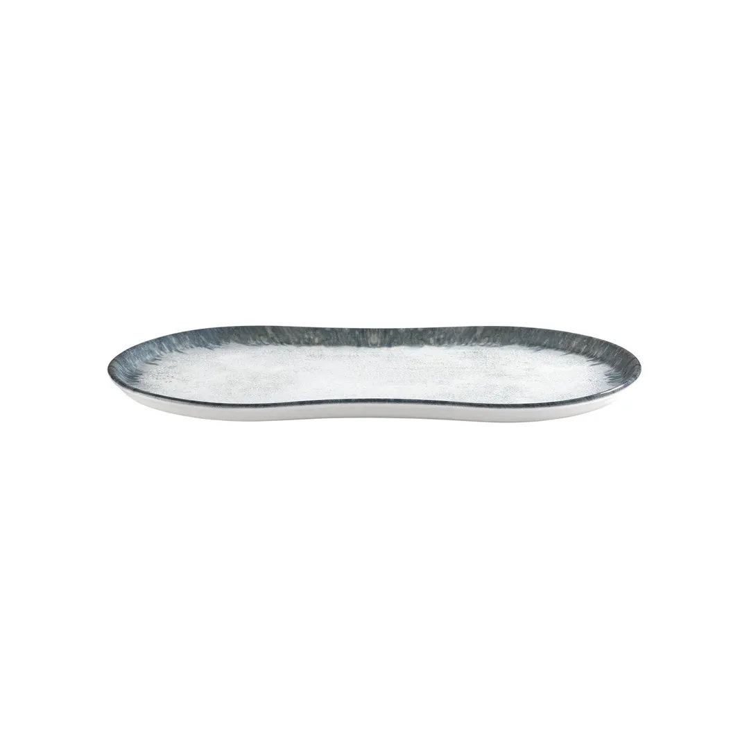 Turgla T-SMABB38DT-6 Plastic Serving Platter, 15" x 7.75" Rectangular White Porcelain, Blue Accent
