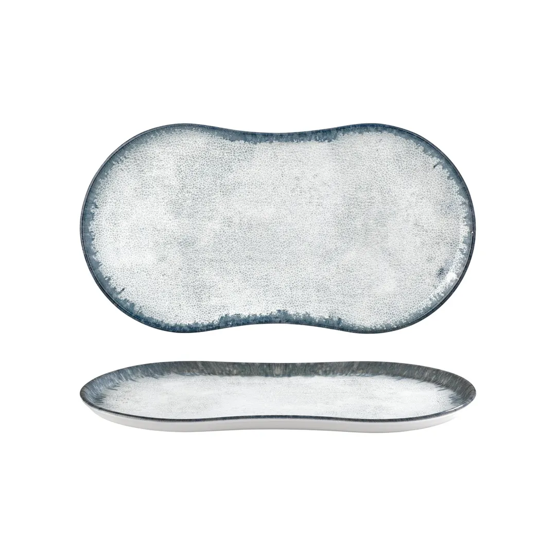 Turgla T-SMABB38DT-6 Plastic Serving Platter, 15" x 7.75" Rectangular White Porcelain, Blue Accent