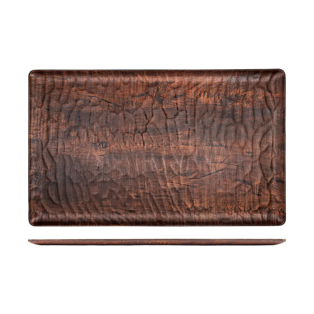 Turgla TRI534 EcoGrain Platter, 20.75" x 12.75" x 0.5" Rectangular Brown Flat Plastic Plate