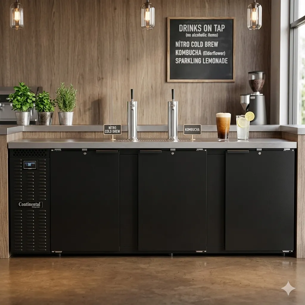Continental Refrigerator KC90N – 90" 2‑Column Keg Cooler, 35 cu ft, Black, 4‑Barrel, R290, Stainless