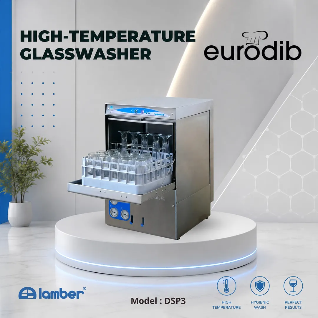 Eurodib DSP3 Lamber 18" High Temp Undercounter Glasswasher, 30 Racks/Hr, Gravity Drain