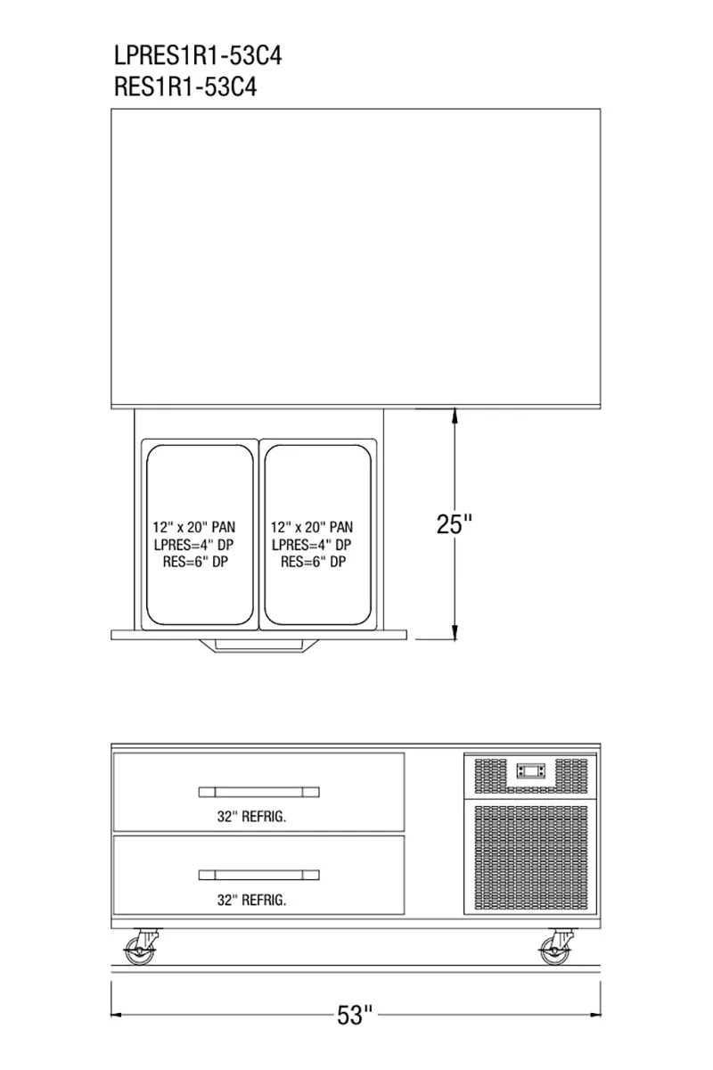 Randell LPRES1L1-53C4 53" 2 Drawers Refrigerated Chef Base w/ Marine Edge, Self-Contained