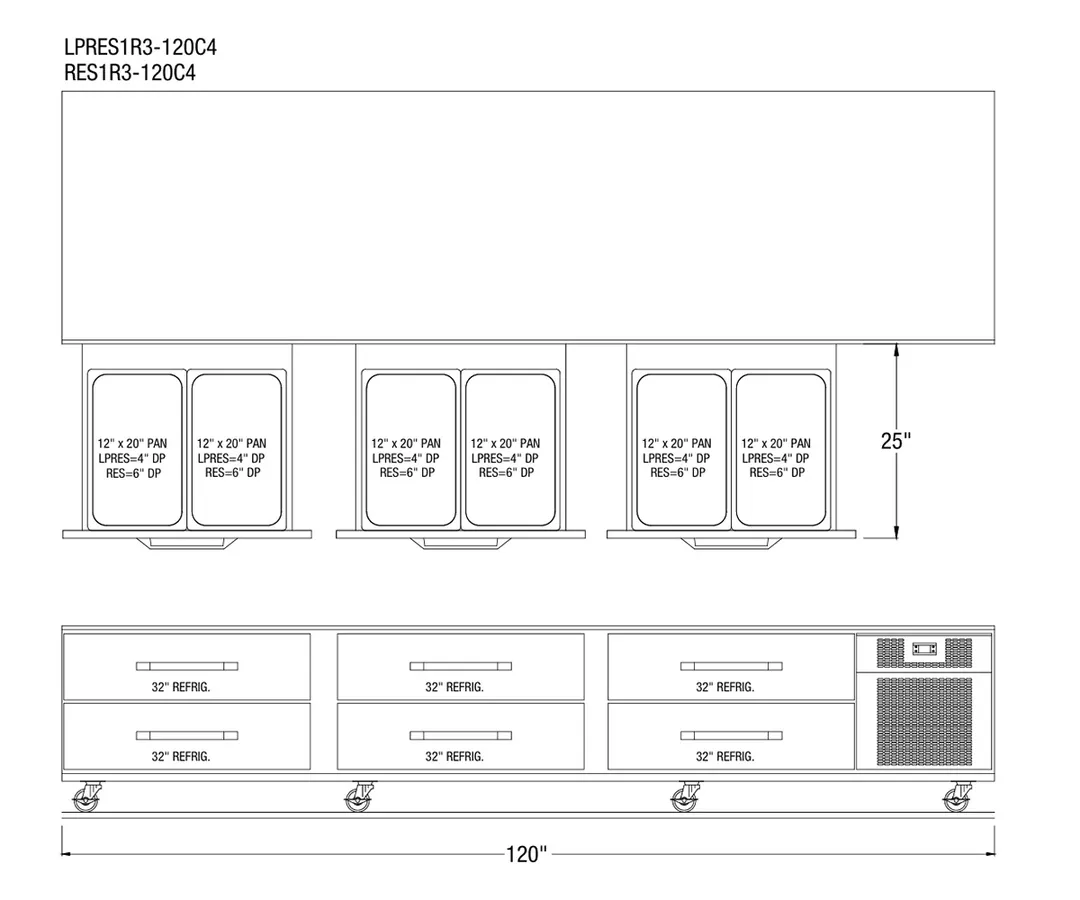 Randell RES1L3-120C4 120" 6 Drawers Refrigerated Chef Base w/ Marine Edge, Self-Contained