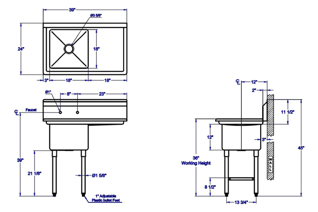 GSW USA SEE18181R S.Steel One Compartment Sink, 18" Right Drainboard / 39-1/8"W X 24"D X 45"H
