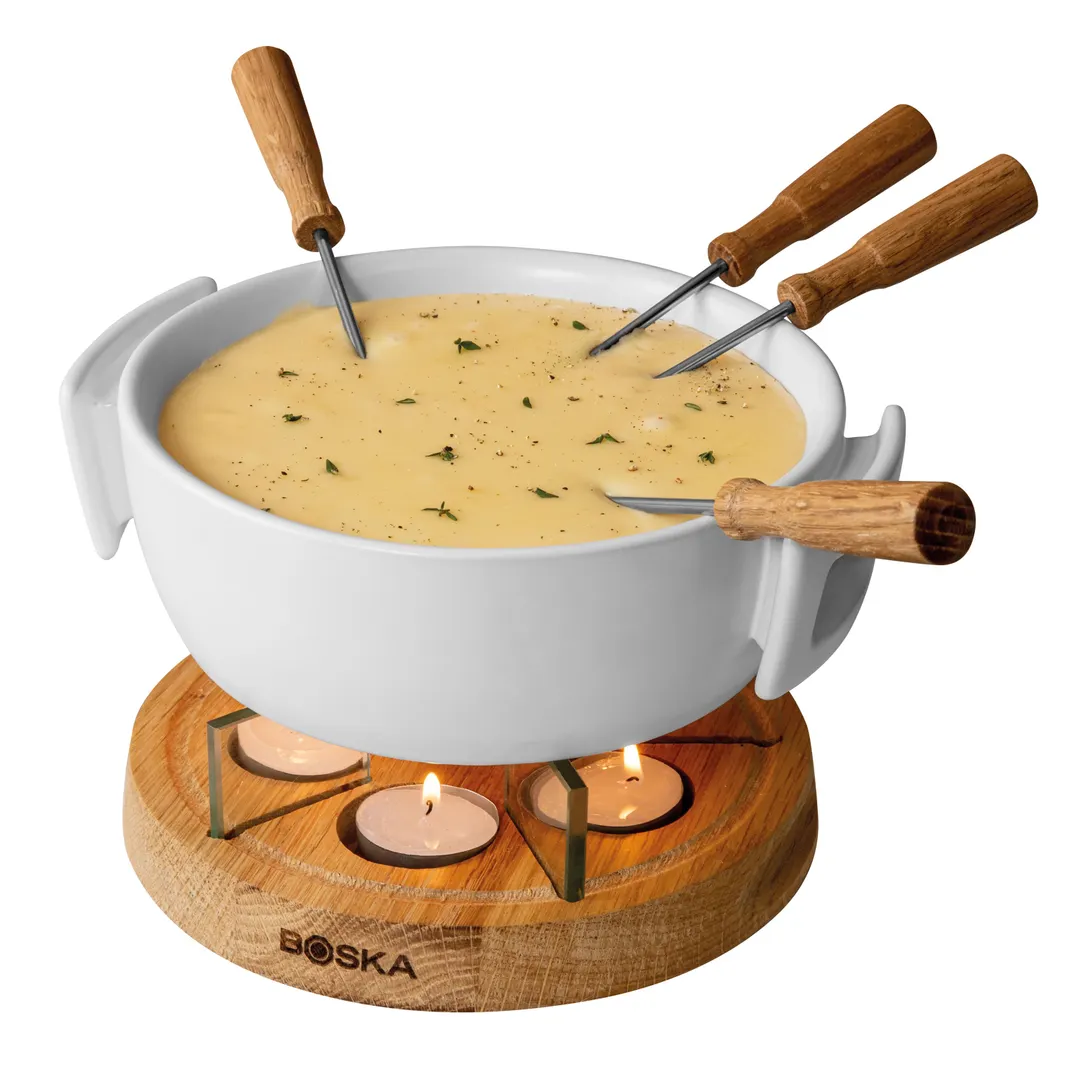 Boska 340031 Candle Light Fondue Twinkle, 7.87" Dia x 5.51" H White Pan with 4 Forks and Oak Base