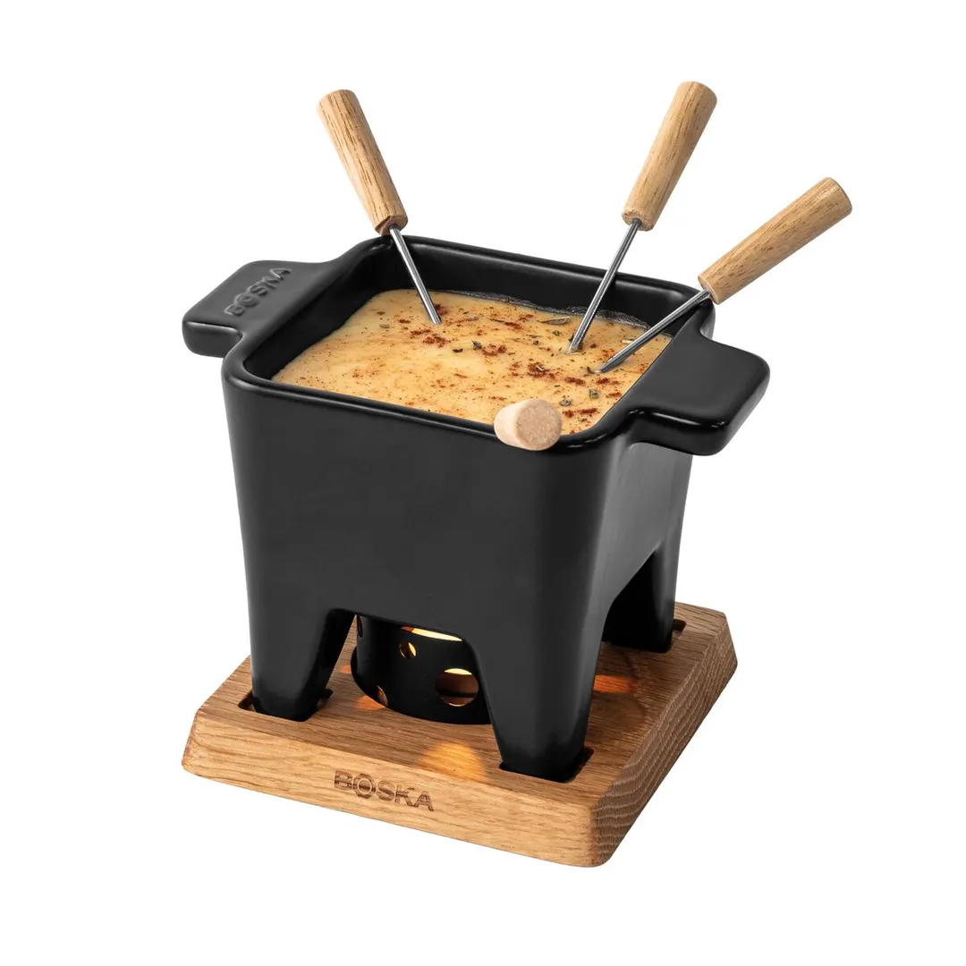 Boska 853529 Tapas Fondue Nero L - Pan 5.43"W x 5.43"D x 6.42"H with 4 Forks, Tea Light, Wooden Base