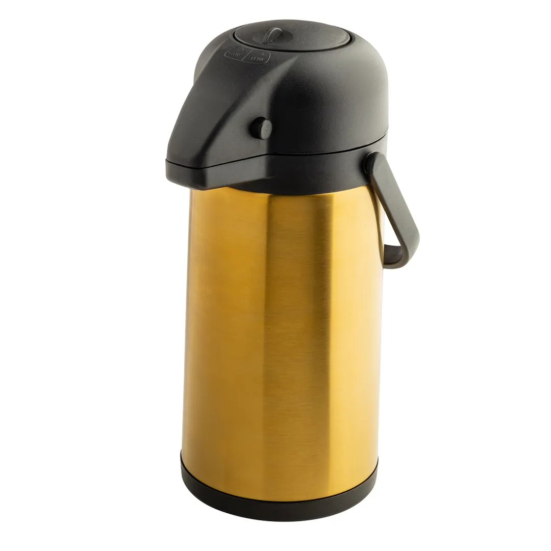 TableCraft 13132 Airpot - 2.5L (84 oz) Gold Brushed PVD Finish, 6" x 8.5" x 14", Push‑Button Top