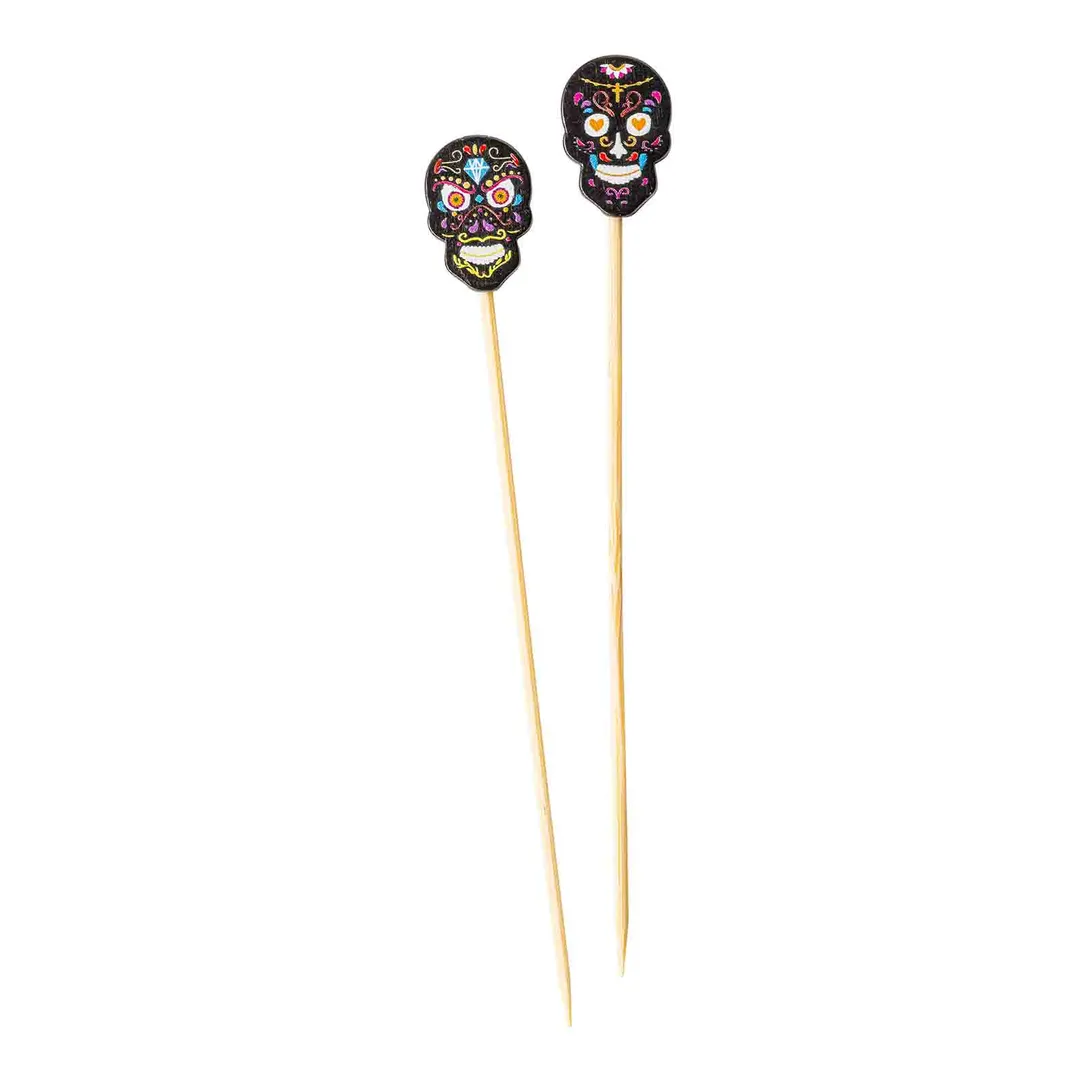 TableCraft Products 13144 - Black Bamboo Skull Picks, 0.625" x 0.2" x 4.5", 1" Length - 100/Pack