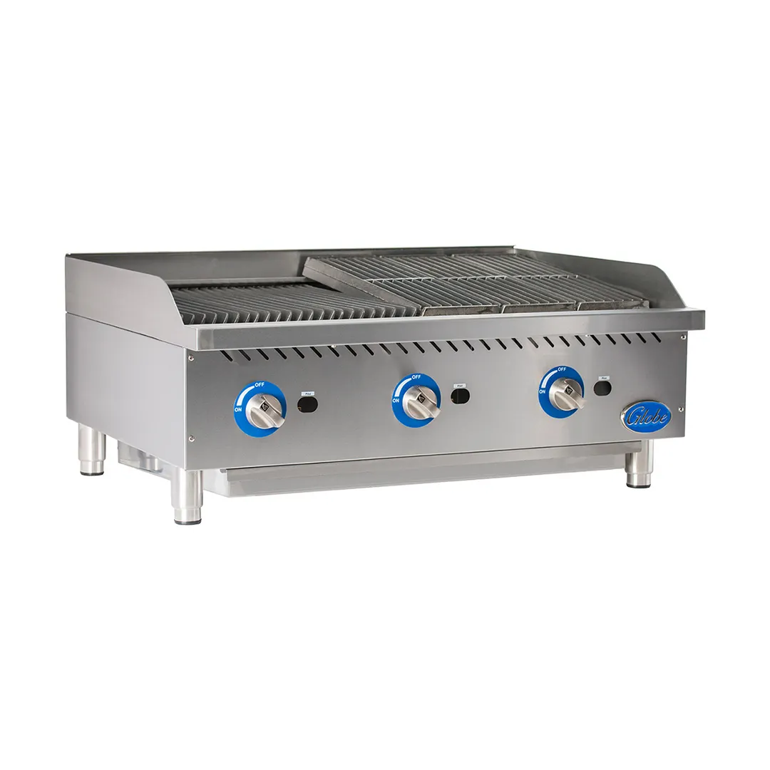 Globe GCB36G-RK 36" Countertop Gas Lava Rock Charbroiler w/ (3) Burners, 120.000 BTU