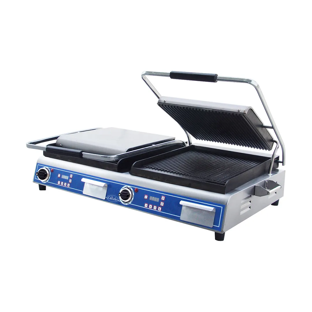 Globe GPGDUE14D 40" Double Sandwich Panini Grill w/ Timer, 14" x 10" Grooved Plates, 208/240V