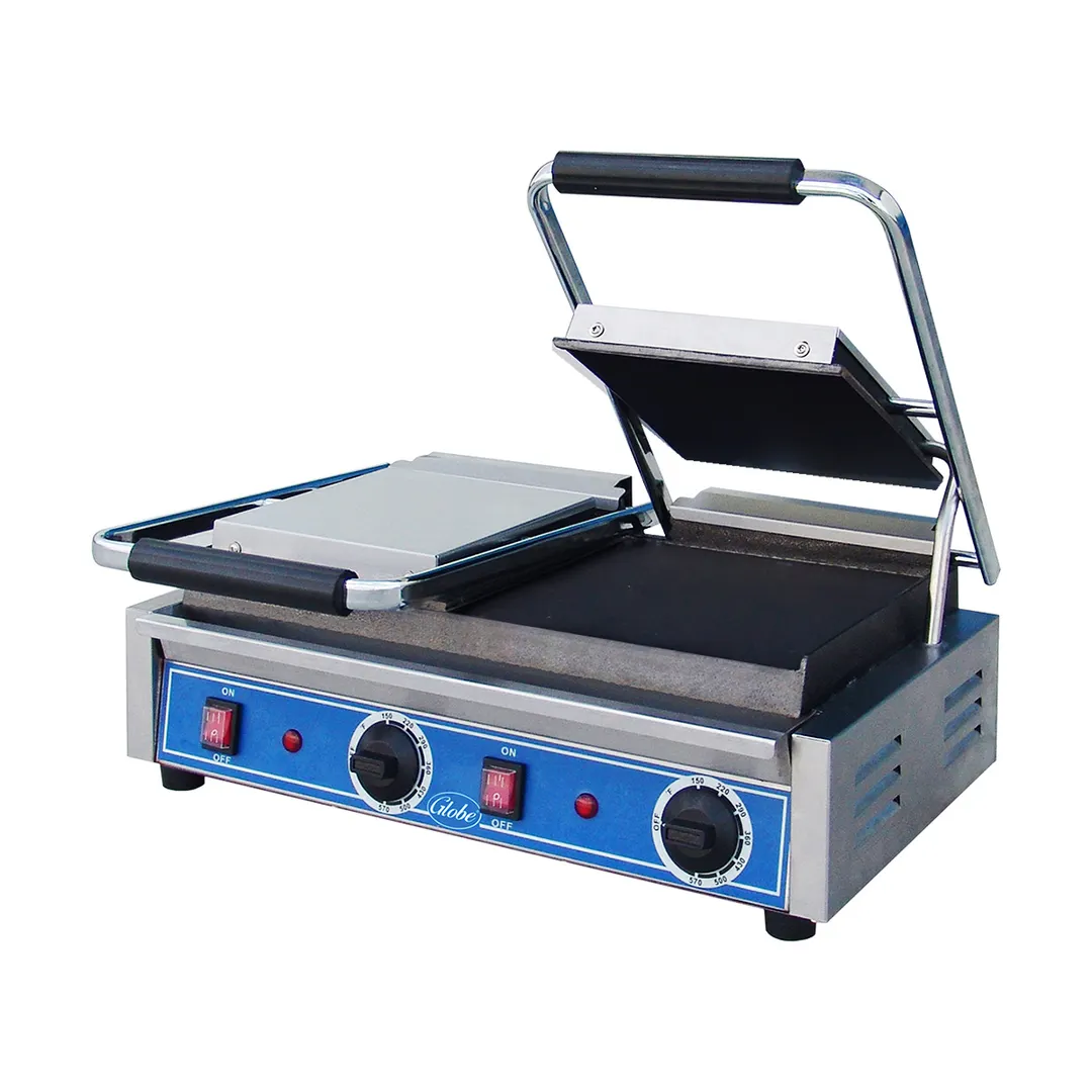 Globe GSGDUE10 Double Cast Iron Sandwich Panini Grill w/ 18" x 9" Smooth Plates, 240V