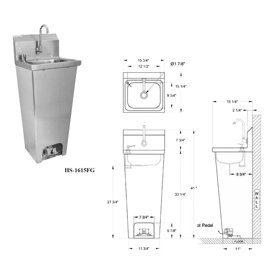 GSW USA HS-1615F 15" S.Steel Wall Mount Hand Sink, Foot Operated / 12-1/2"W x 9-3/4"D
