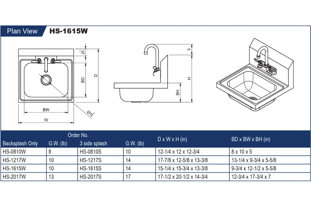 GSW USA HS-2017S 20" S.Steel 1 Compartment Hand Sink, 20-1/2"W x 17-1/2"D x 14-3/4"H