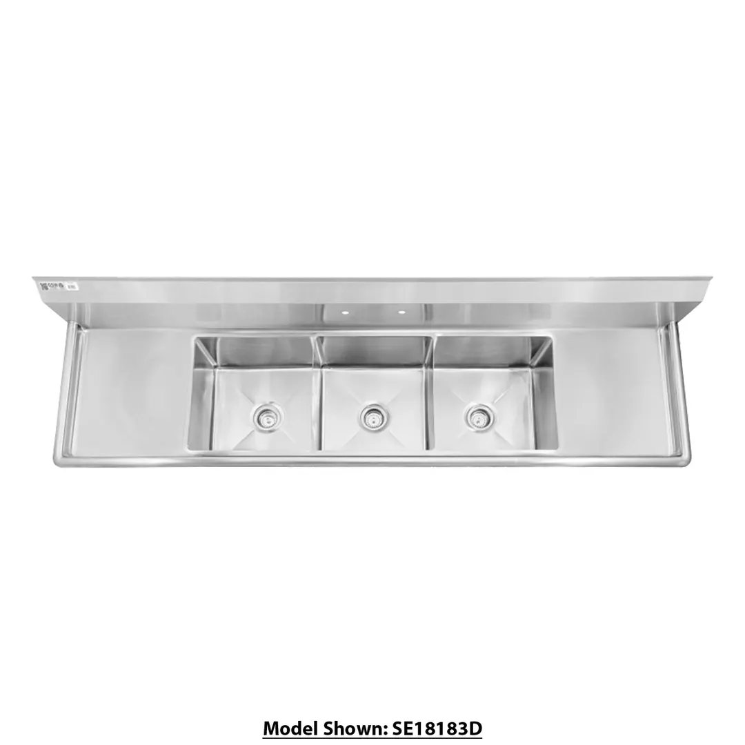 GSW USA SE16203D18 85" S.Steel 3 Compartment Sink with 2 Drainboards, 84-3/8"W X 26"D X 45"H