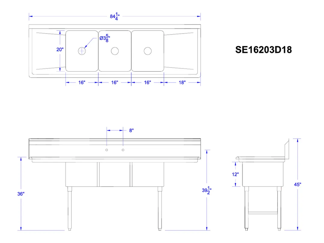 GSW USA SE16203D18 85" S.Steel 3 Compartment Sink with 2 Drainboards, 84-3/8"W X 26"D X 45"H