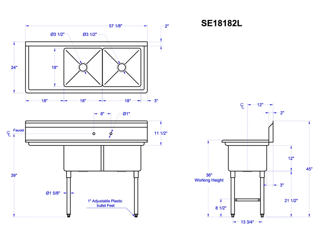 GSW USA SE18182L S.Steel 2 Compartment Sink with Left Drainboard, 57-1/4"W X 24"D X 45"H / 18 Gauge