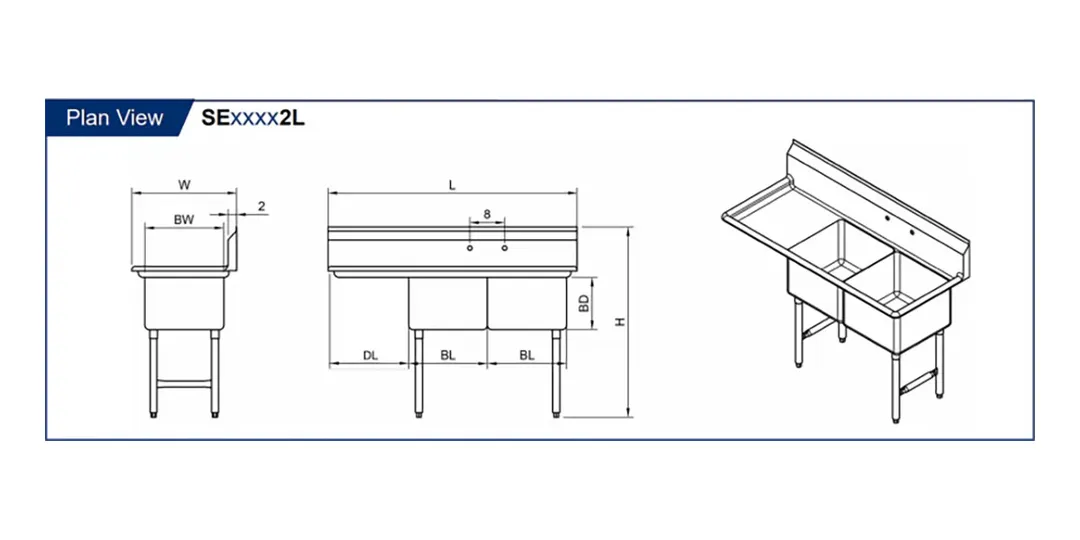 GSW USA SE18182L S.Steel 2 Compartment Sink with Left Drainboard, 57-1/4"W X 24"D X 45"H / 18 Gauge