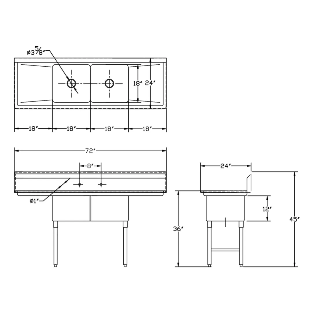 GSW USA SEE18182D 72" S.Steel 2 Compartment Sink with 2 Drainboards, 72"W X 24"D X 45"H / 18 Gauge