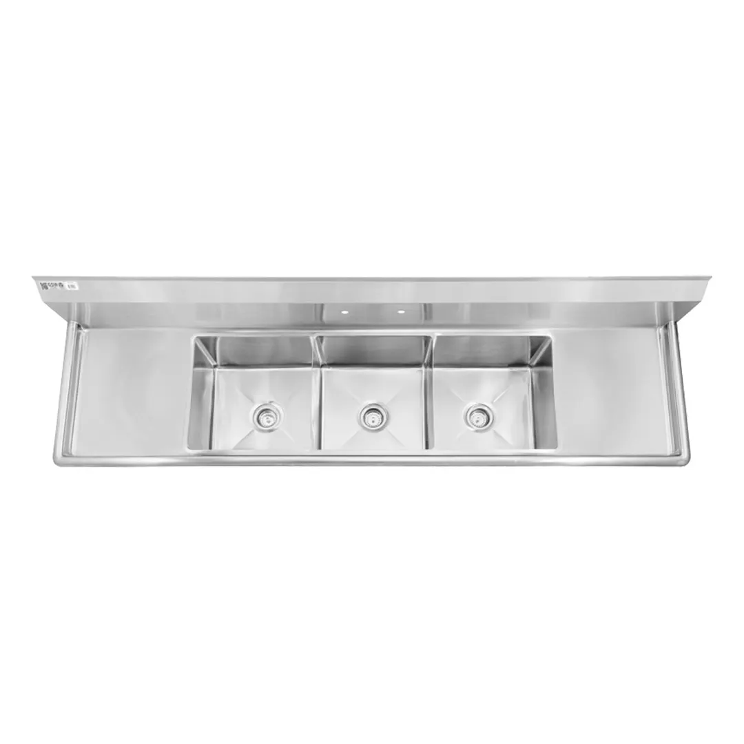 GSW USA SH24243D 120" S.Steel Three Compartment Sink with 2 Drainboards, 120-3/8"W X 30"D X 45"H