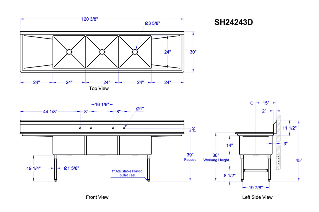 GSW USA SH24243D 120" S.Steel Three Compartment Sink with 2 Drainboards, 120-3/8"W X 30"D X 45"H