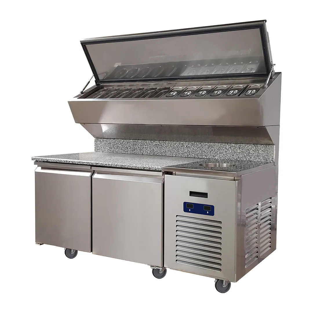 QualServ UCPS572-SS61A 72" 2-Door Refrigerated Pizza Prep Table, 13.94 cu. ft., Marble Top, 9 Pans