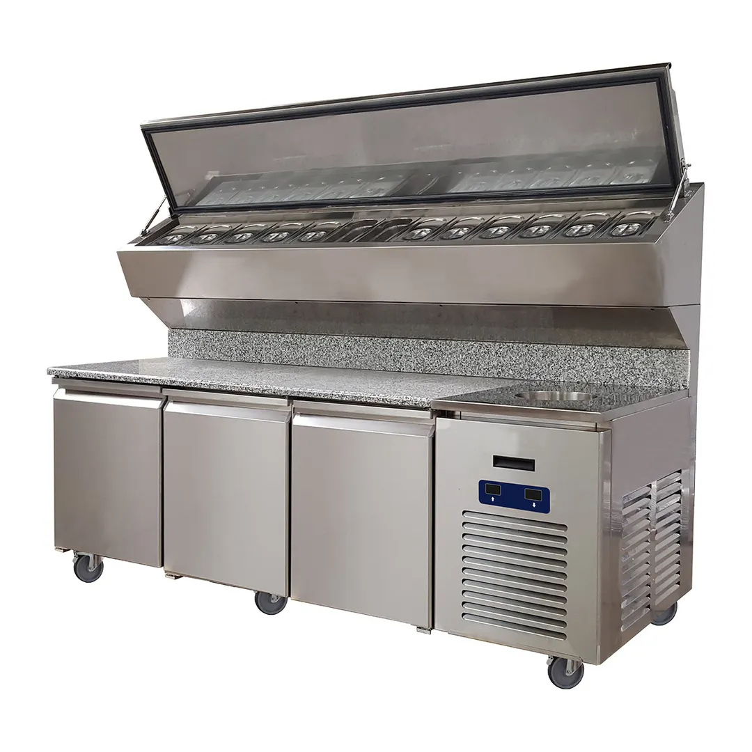 QualServ UCPS596-SS61A 96" 3-Door Refrigerated Pizza Prep Table, 21 cu. ft., Marble Top, 12 1/3 Size Pans