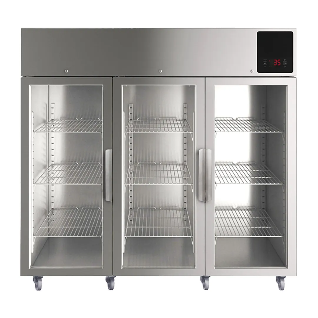 QualServ UCRE585-SG71A 85" Three Section Reach-In Refrigerator w/ 3 Glass Doors, Top Mount, Stainless Steel 74 cu. ft.