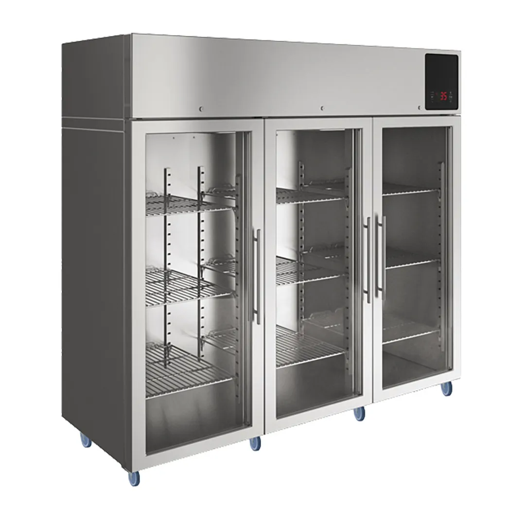 QualServ UCRE585-SG71A 85" Three Section Reach-In Refrigerator w/ 3 Glass Doors, Top Mount, Stainless Steel 74 cu. ft.