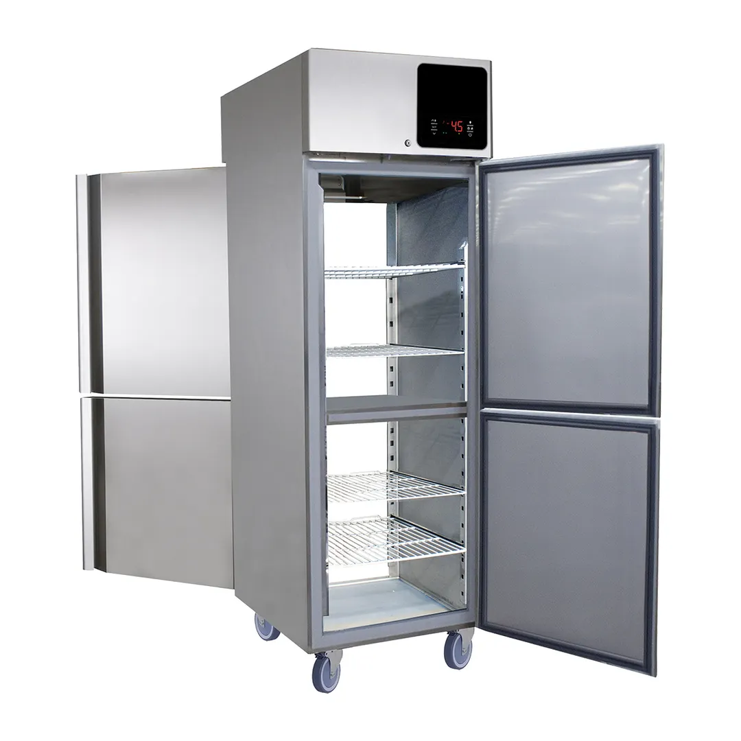 QualServ UCRP225-SS31A 31" 1-Section Pass-Thru Refrigerator, 25 cu. ft., 4 Half Solid Doors, Top Mounted