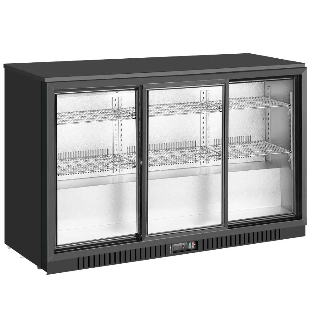 Unity U-BB3 3-Section Cooler, 54" 12 cu ft, Black, Glass Sliding Doors, Shelves, Temp Control
