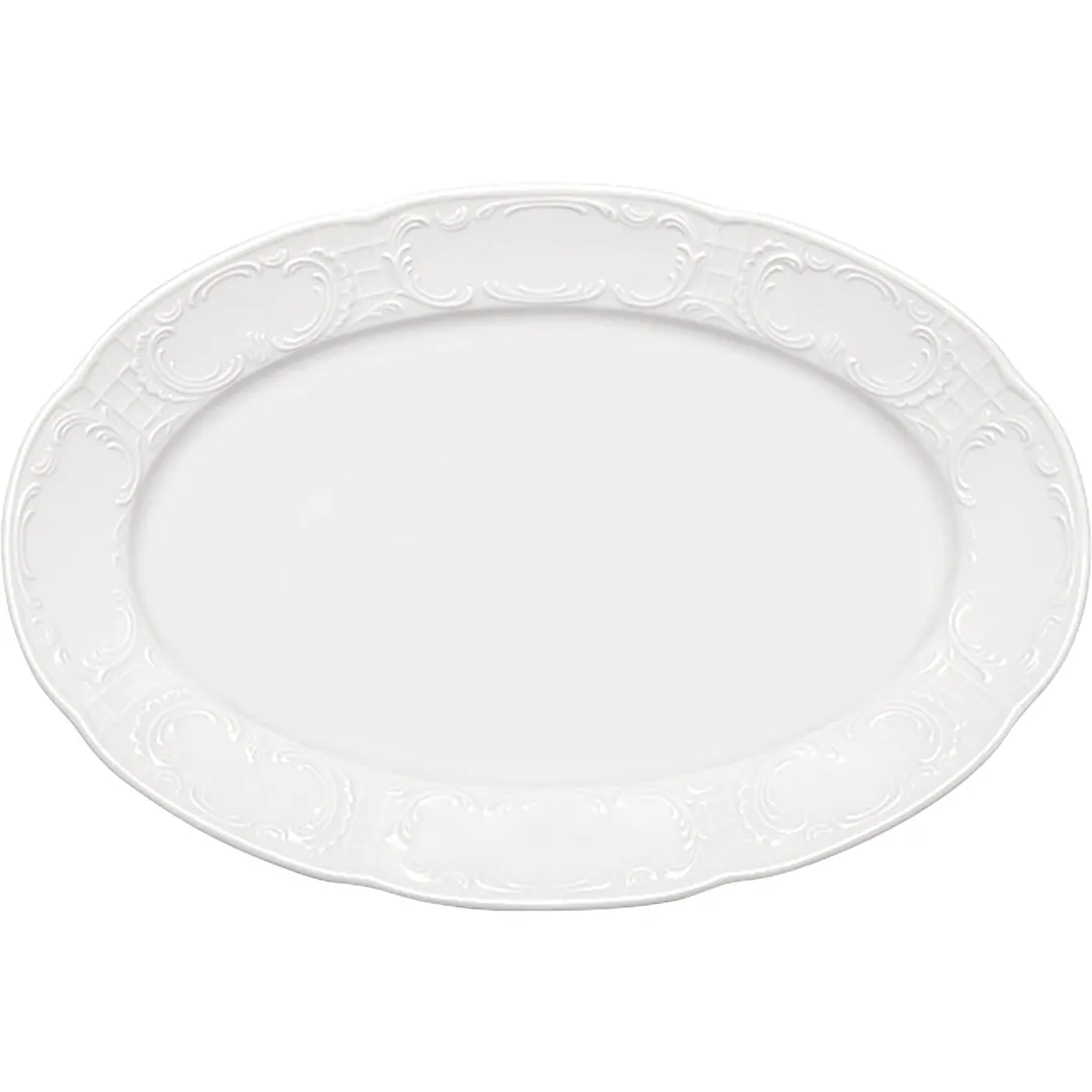 Libbey 657203212000000 - Oval Porcelain China Platter 12" x 8" Embossed Rim, Microwave Freezer Safe - 12/Case